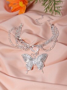 1pc Multi-Layer Full Rhinestone Decor Large Butterfly Anklet - Silver - View 6