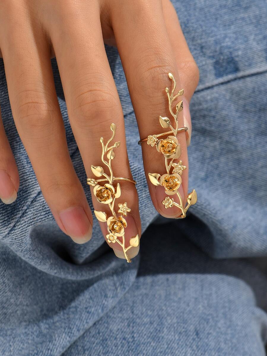 2入組花朵裝飾戒指 - 金黃色 - 查看 1