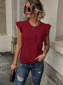 SHEIN LUNE Ruffle Trim Pocket Patched Tee - Red - View 1