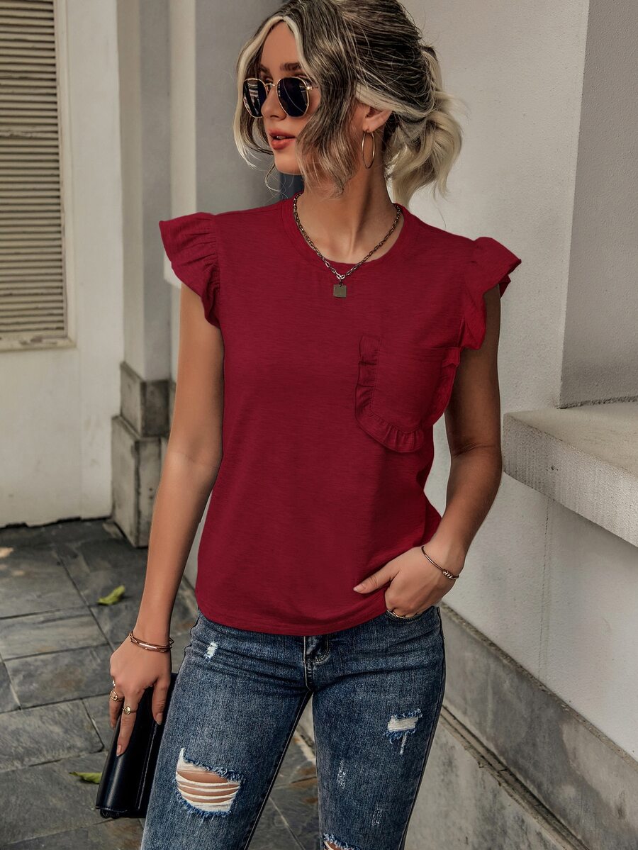 SHEIN LUNE 荷葉邊口袋貼布T恤 - 紅色 - 查看 1