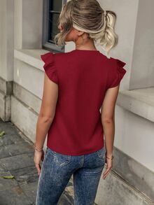 SHEIN LUNE Ruffle Trim Pocket Patched Tee - Red - View 2
