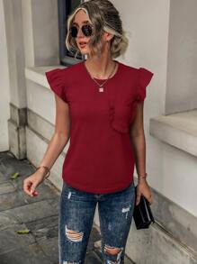 SHEIN LUNE Ruffle Trim Pocket Patched Tee - Red - View 4