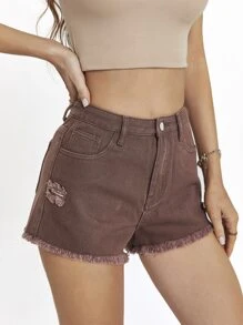 Raw Hem Ripped Denim Shorts - Chocolate Brown - View 1