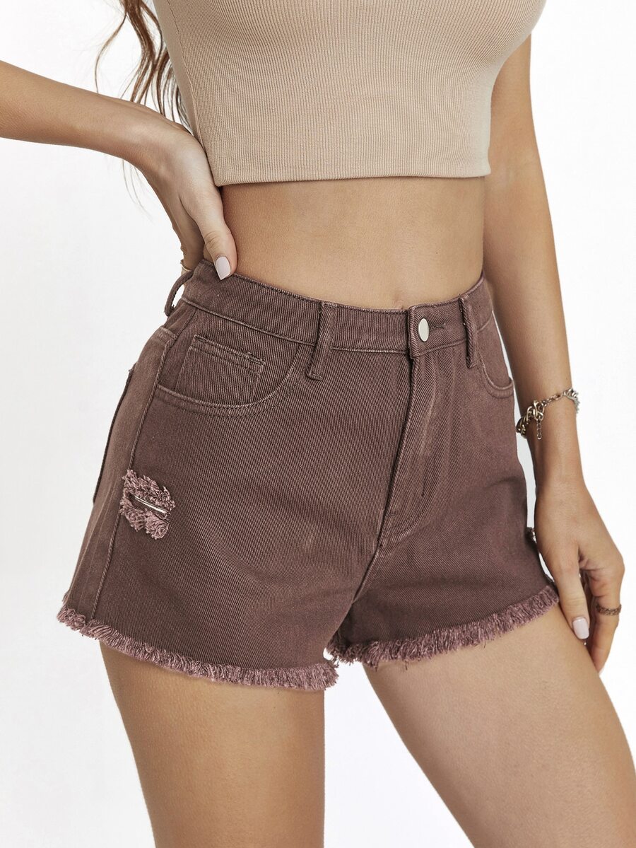 Raw Hem Ripped Denim Shorts - Chocolate Brown - View 1