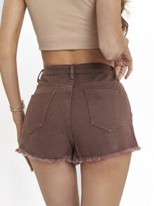 Raw Hem Ripped Denim Shorts - Chocolate Brown - View 2