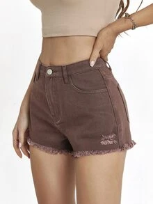 Raw Hem Ripped Denim Shorts - Chocolate Brown - View 3