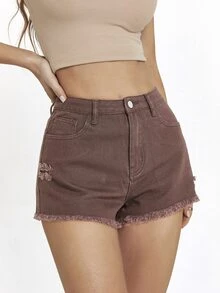 Raw Hem Ripped Denim Shorts - Chocolate Brown - View 6