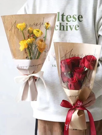 5 件标语图案随机花朵包装袋，简单塑料字母图案包装纸，适合派对、节日、返校情人节