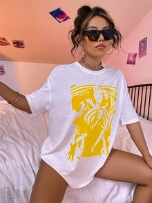 SHEIN Unity Camiseta de hombros caídos con estampado de figura - Blanco - Ver 5