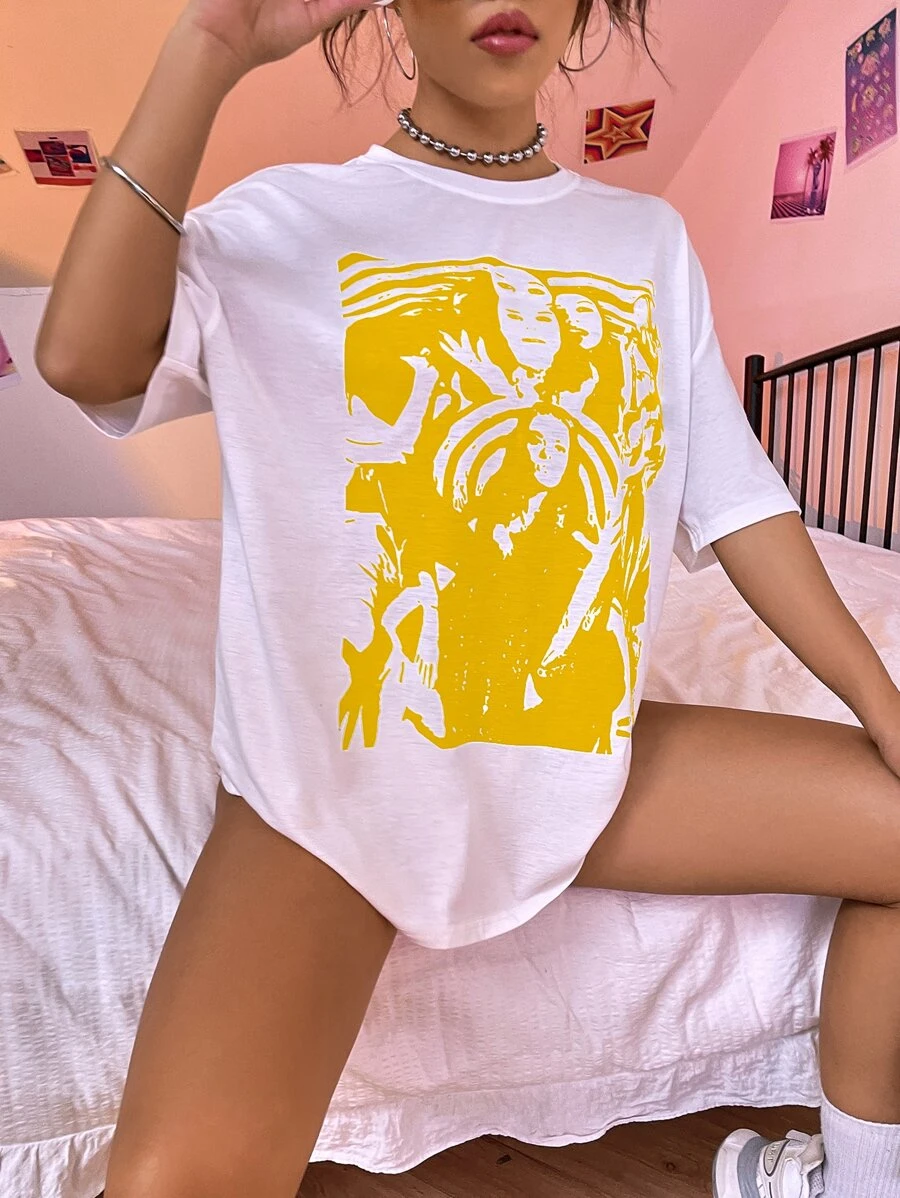 SHEIN Unity Camiseta de hombros caídos con estampado de figura - Blanco - Ver 1