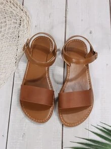 Minimalist Ankle Strap Sandals,Women's leather comfortable sandals, plus-size brown beach slippers, round toe women's shoes - Brown - View 5