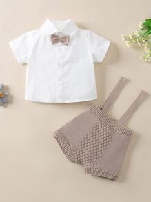 Baby Boy Bow Front Shirt & Textured Pinafore Knit Shorts - Multicolor - View 1