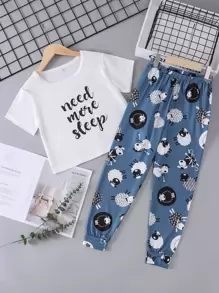 Conjunto De Pijama Impreso Con Dibujos De Ovejas, Incluye Top Y Pantalón - Multicolor - Ver 1