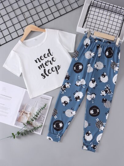 مجموعة بيجاما مطبوعة بخروف كرتوني، تشمل القميص والسراويل