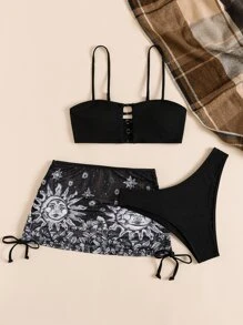 Herminedecrayon Conjunto de bikini acanalado con estampado de sol gótico, sujetador de cami recortado, parte inferior hipster y falda transparente para cubrir, traje de baño de 3 piezas - Blanco y Negro - Ver 5
