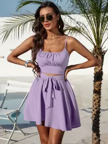 SHEIN Holidaya 胸部褶皺吊帶上衣和腰帶裙子套裝