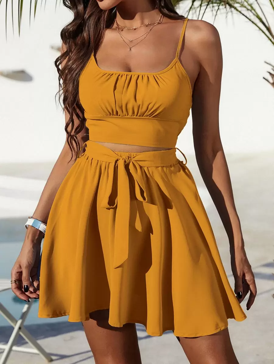 Breezaya Ruched Bust Cami Top & Belted Skirt Set - Mustard Yellow - View 1