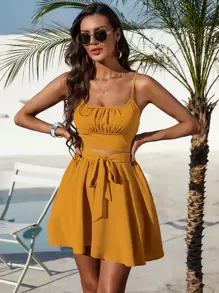 Breezaya Ruched Bust Cami Top & Belted Skirt Set - Mustard Yellow - View 7