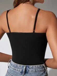 SHEIN Privé Áo hai dây Tương phản Mesh cắt màu trơn Giải trí - màu đen - Xem 4