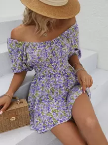 Allover Floral Print Off Shoulder Puff Sleeve Jumpsuit - Multicolor - View 1