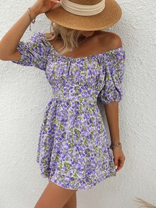 Allover Floral Print Off Shoulder Puff Sleeve Jumpsuit - Multicolor - View 3