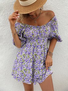 Allover Floral Print Off Shoulder Puff Sleeve Jumpsuit - Multicolor - View 4