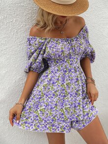 Allover Floral Print Off Shoulder Puff Sleeve Jumpsuit - Multicolor - View 5