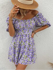 Allover Floral Print Off Shoulder Puff Sleeve Jumpsuit - Multicolor - View 6