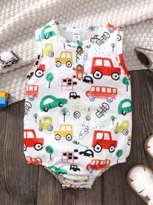 Baby Boy Car Print Quarter Button Bodysuit - White - View 1