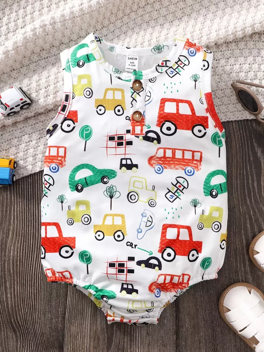 Baby Boy Car Print Quarter Button Bodysuit - White - View 1