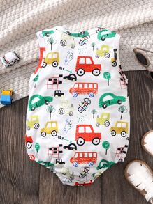 Baby Boy Car Print Quarter Button Bodysuit - White - View 2