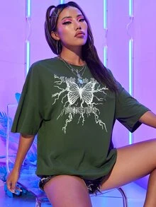 SHEIN Unity Camiseta amplia con estampado de slogan y mariposa de hombros caídos - Verde militar - Ver 3