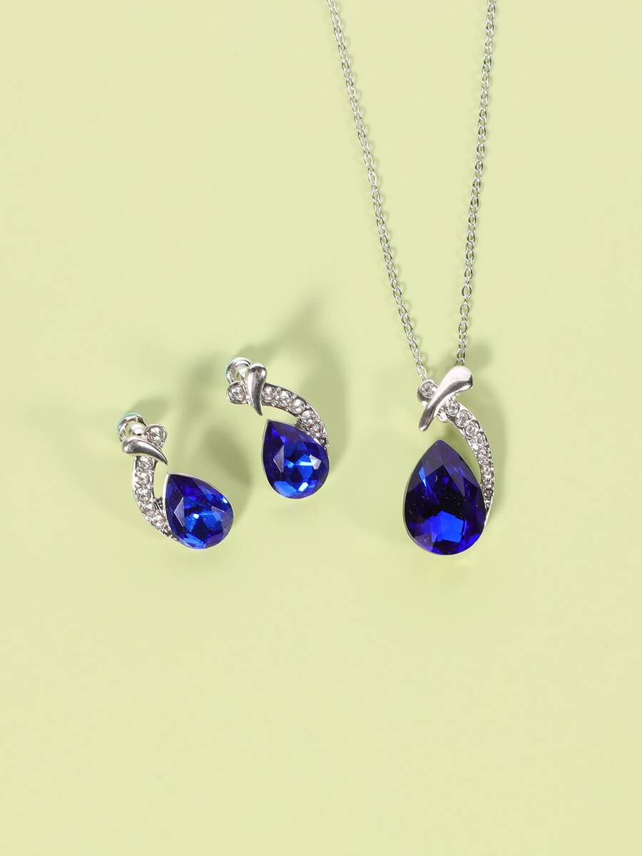 3 piezas Set joya con diamante de imitación con diseño de gota de agua - azul real - Ver 1