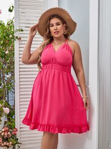 大碼後背繫帶荷葉邊掛脖連衣裙 - 玫紅色 - 查看 3