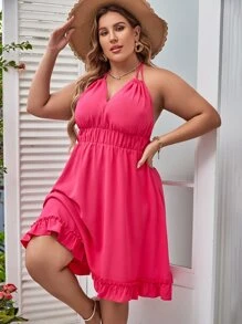 大碼後背繫帶荷葉邊掛脖連衣裙 - 玫紅色 - 查看 4