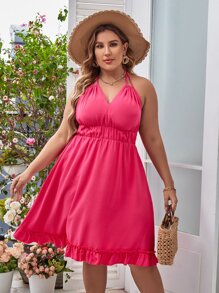 大碼後背繫帶荷葉邊掛脖連衣裙 - 玫紅色 - 查看 5
