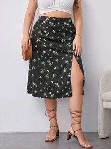 SHEIN VCAY Plus Ditsy Floral Split Thigh Skirt - Black - View 3