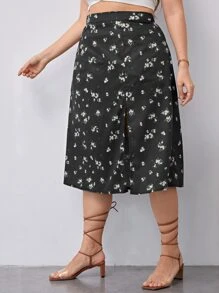 SHEIN VCAY Plus Ditsy Floral Split Thigh Skirt - Black - View 5