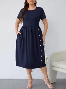 SHEIN LUNE Vestido línea A con bolsillo oculto con lazo lateral - Azul Marino - Ver 1