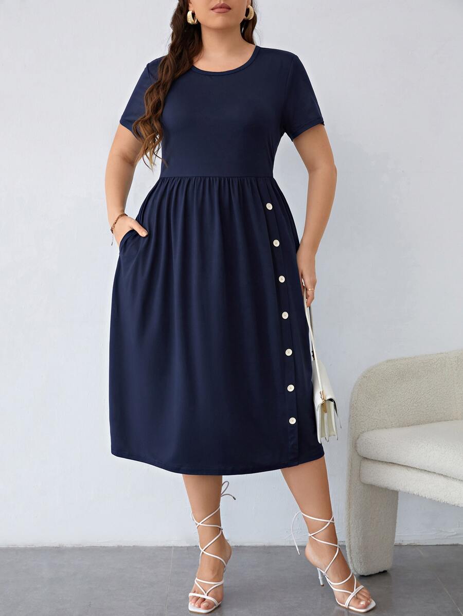 SHEIN LUNE Vestido línea A con bolsillo oculto con lazo lateral - Azul Marino - Ver 1