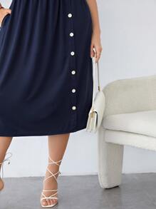 SHEIN LUNE Vestido línea A con bolsillo oculto con lazo lateral - Azul Marino - Ver 3