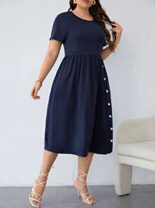 SHEIN LUNE Vestido línea A con bolsillo oculto con lazo lateral - Azul Marino - Ver 4