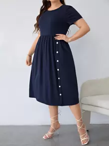 SHEIN LUNE Vestido línea A con bolsillo oculto con lazo lateral - Azul Marino - Ver 5