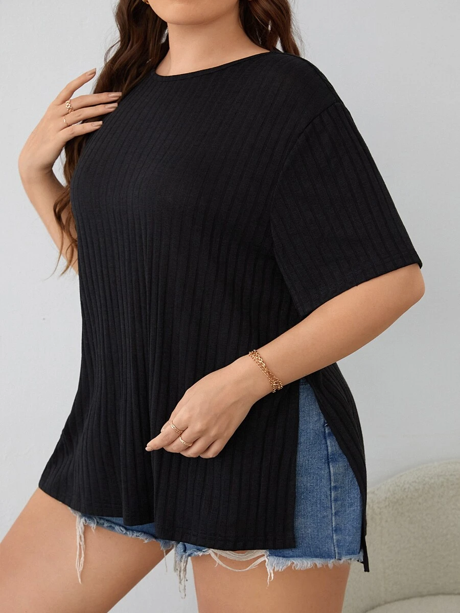 SHEIN LUNE Plus Ribbed Knit Split Hem Tee | SHEIN USA