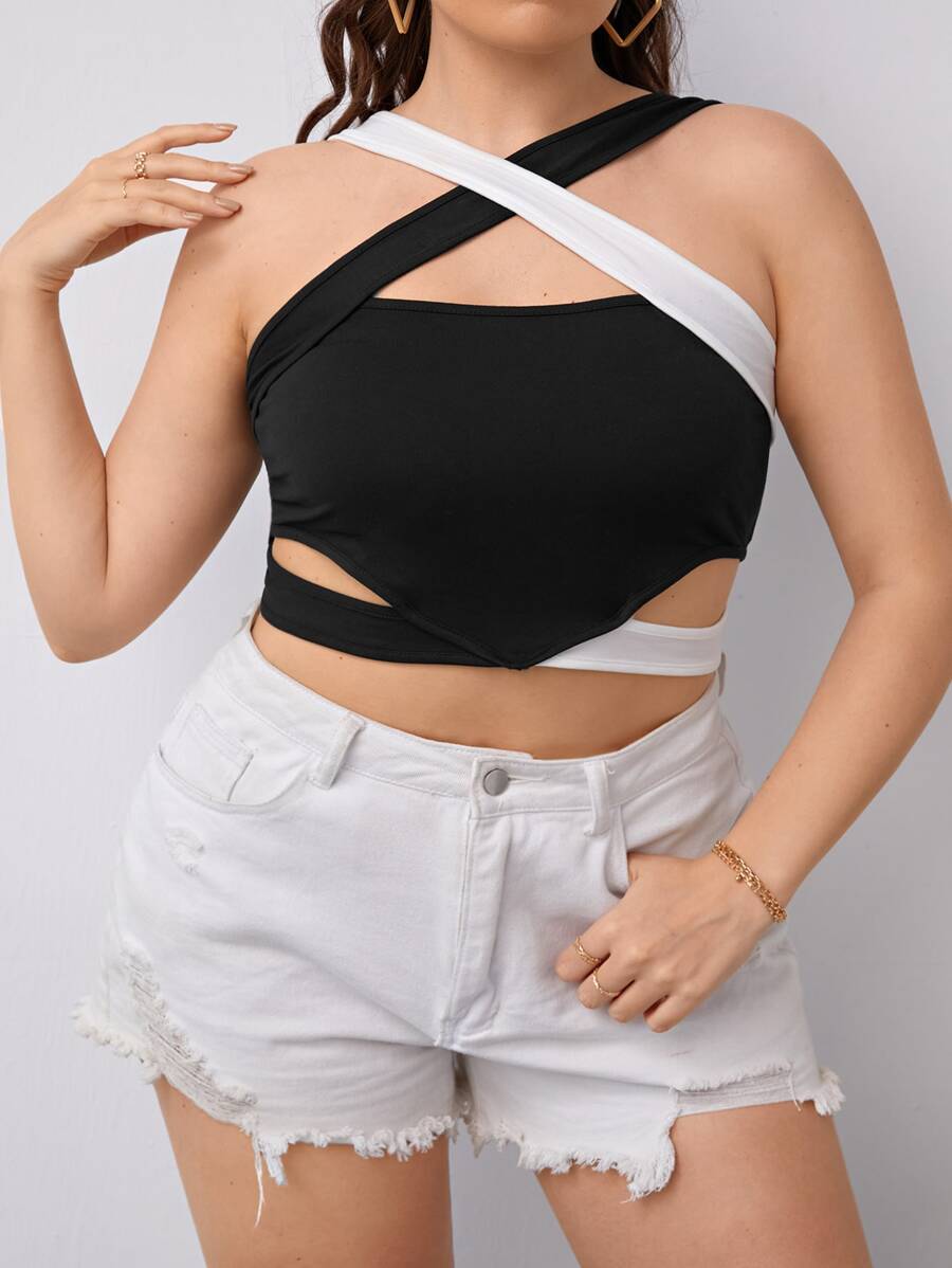 Plus Two Tone Cut Out Crisscross Crop Cami Top - Black - View 1