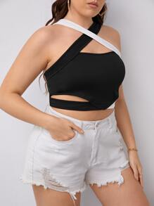 Plus Two Tone Cut Out Crisscross Crop Cami Top - Black - View 3