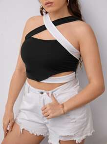 Plus Two Tone Cut Out Crisscross Crop Cami Top - Black - View 5