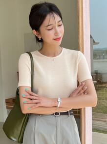 DAZY Camiseta De Manga Corta De Cuello Redondo De Punto De Gofre - Beis - Ver 4