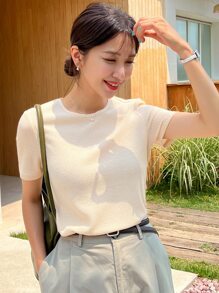 DAZY Camiseta De Manga Corta De Cuello Redondo De Punto De Gofre - Beis - Ver 6