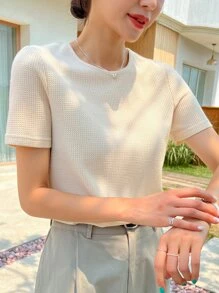 DAZY Camiseta De Manga Corta De Cuello Redondo De Punto De Gofre - Beis - Ver 8